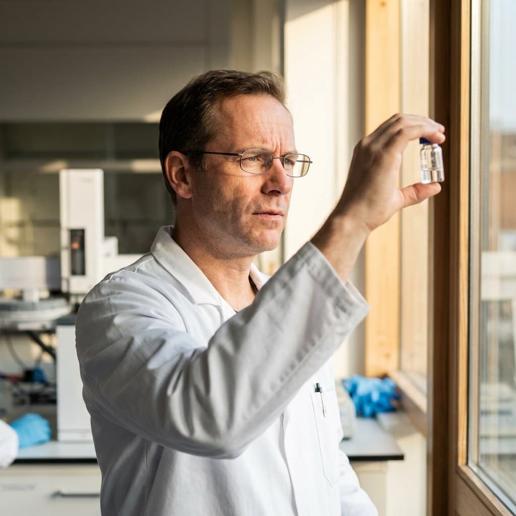 Researcher examining research compound vial
